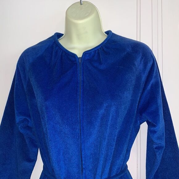 Vtg 60s/70s Lounge Craft royal blue polyester velour zip up robe - Picture 2 of 8